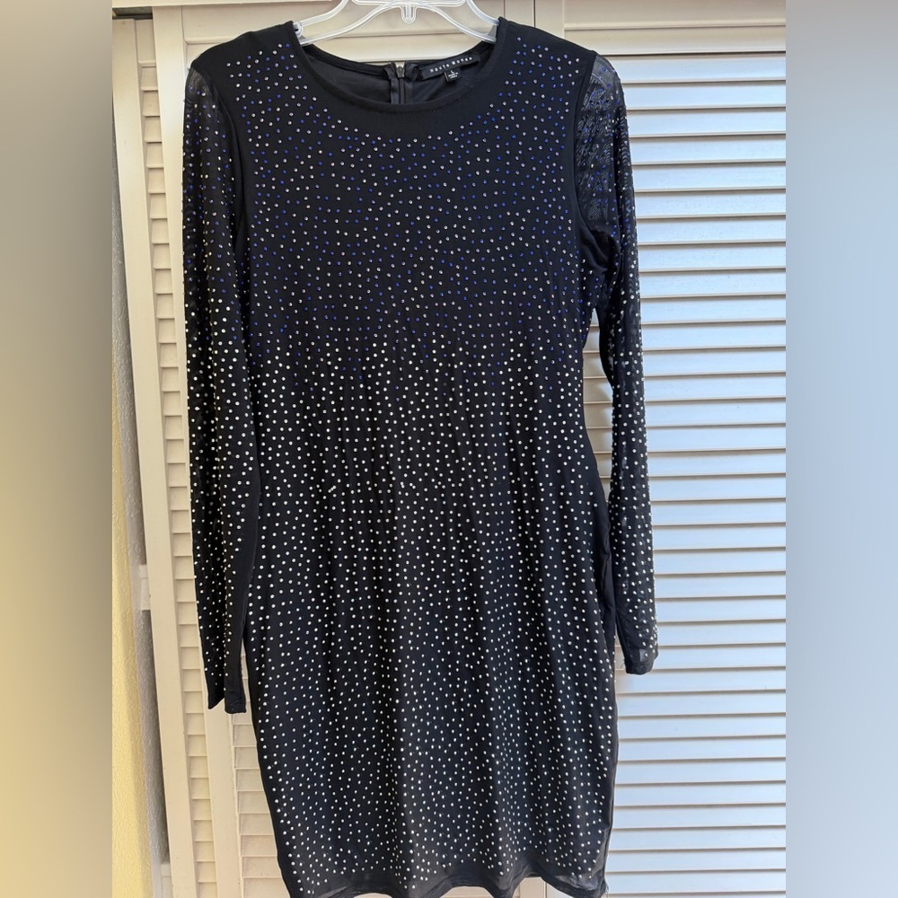 Haute Monde Black Sheer Blue and Silver Studded Long Sleeve Dress Sz L